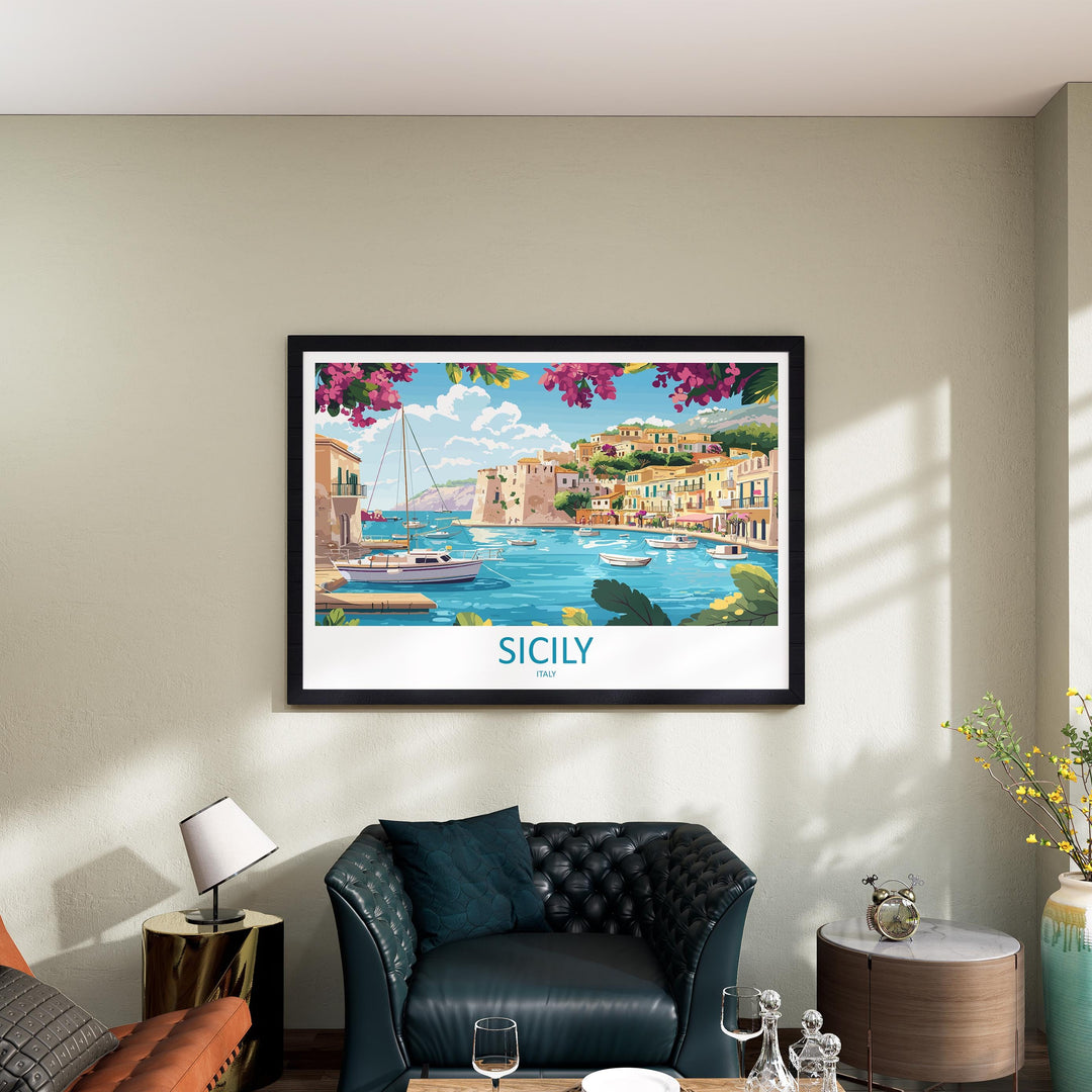 Sicily Italy Landscape Travel Poster Scenic Island Coastline Wall Art Mediterranean Towns Print Europe Decor Beautiful Sicily Artwork