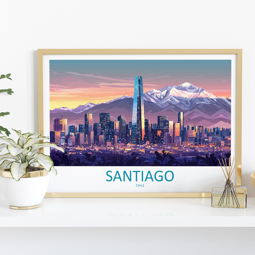 Santiago Chile Landscape Travel Poster Scenic Andes Mountain Skyline Wall Art Modern City Print South America Decor Santiago Artwork