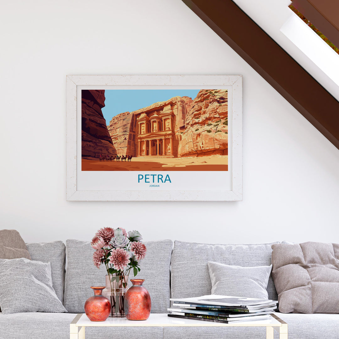 Petra Jordan Landscape Travel Poster Scenic Ancient City Wall Art Rose Red Carved Temples Print Middle East Decor Beautiful Petra Artwork