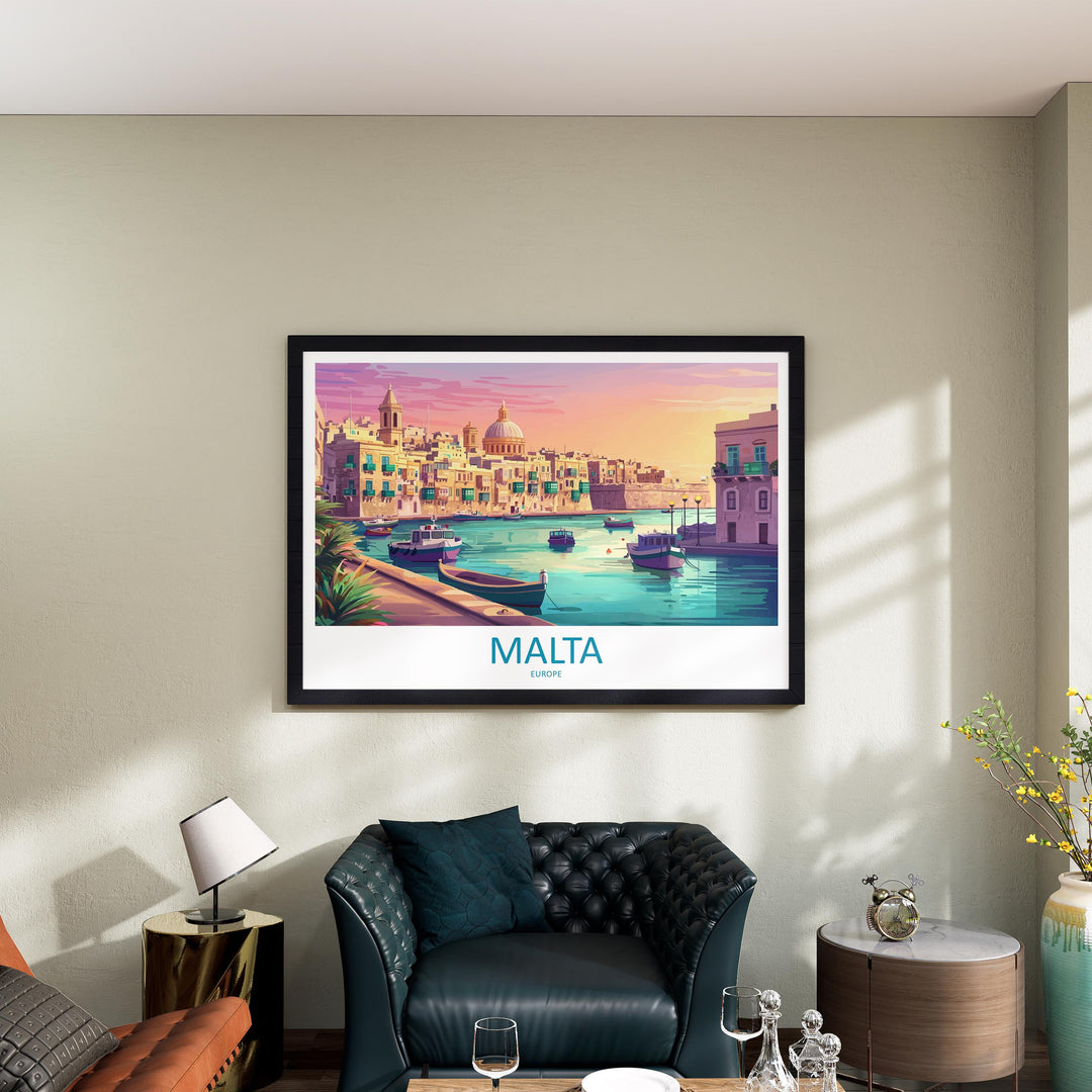 Malta Landscape Travel Poster Scenic Mediterranean Island Coastline Wall Art Historic Towns Print Europe Decor Beautiful Malta Artwork
