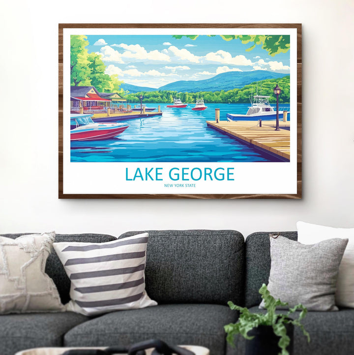 Lake George New York Landscape Travel Poster Scenic Adirondack Lake Wall Art Mountain Waterfront Print USA Decor Beautiful Lake George