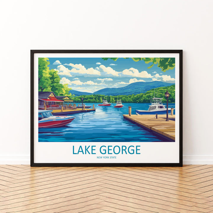 Lake George New York Landscape Travel Poster Scenic Adirondack Lake Wall Art Mountain Waterfront Print USA Decor Beautiful Lake George