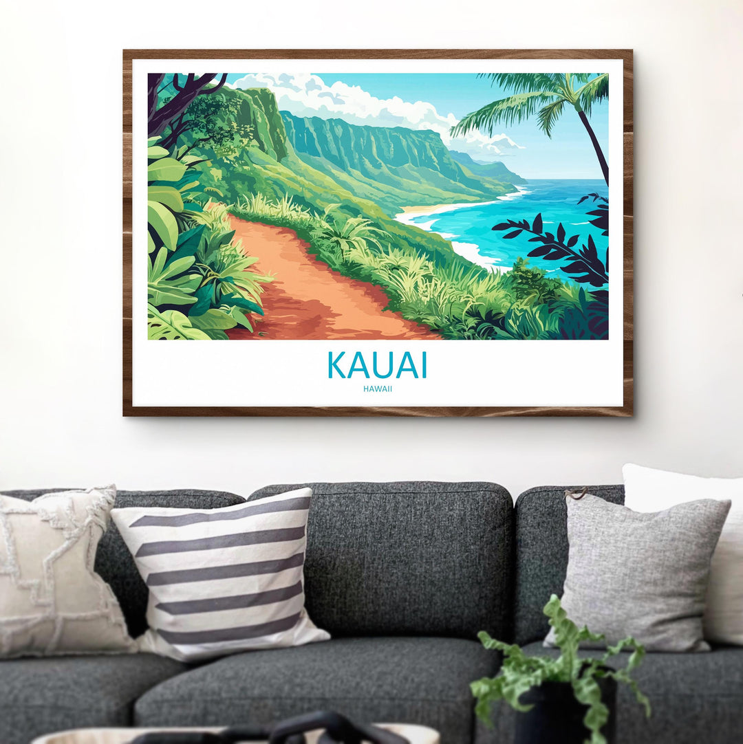 Kauai Hawaii Landscape Travel Poster Scenic Tropical Island Coastline Wall Art Na Pali Cliffs Print USA Decor Beautiful Kauai Artwork