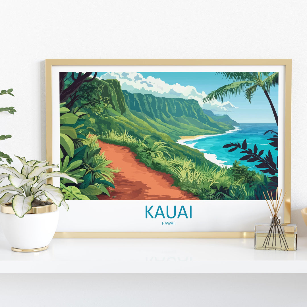 Kauai Hawaii Landscape Travel Poster Scenic Tropical Island Coastline Wall Art Na Pali Cliffs Print USA Decor Beautiful Kauai Artwork