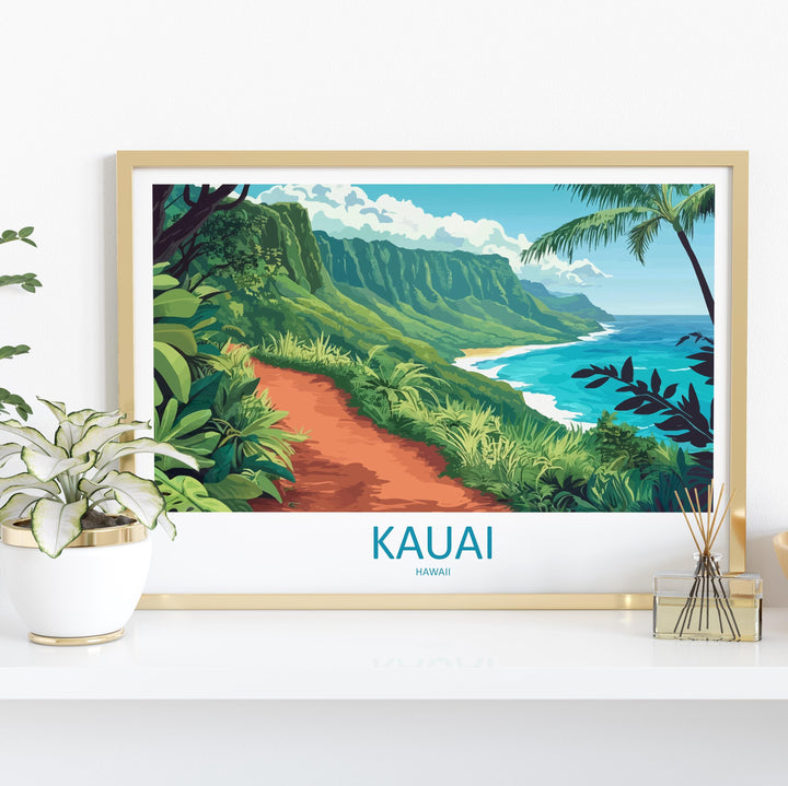 Kauai Hawaii Landscape Travel Poster Scenic Tropical Island Coastline Wall Art Na Pali Cliffs Print USA Decor Beautiful Kauai Artwork