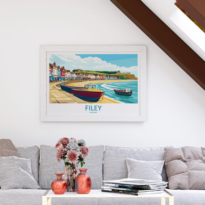 Filey England Landscape Travel Poster Scenic Yorkshire Coastline Wall Art Seaside Town Print UK Decor Beautiful Filey Artwork