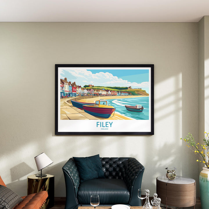 Filey England Landscape Travel Poster Scenic Yorkshire Coastline Wall Art Seaside Town Print UK Decor Beautiful Filey Artwork