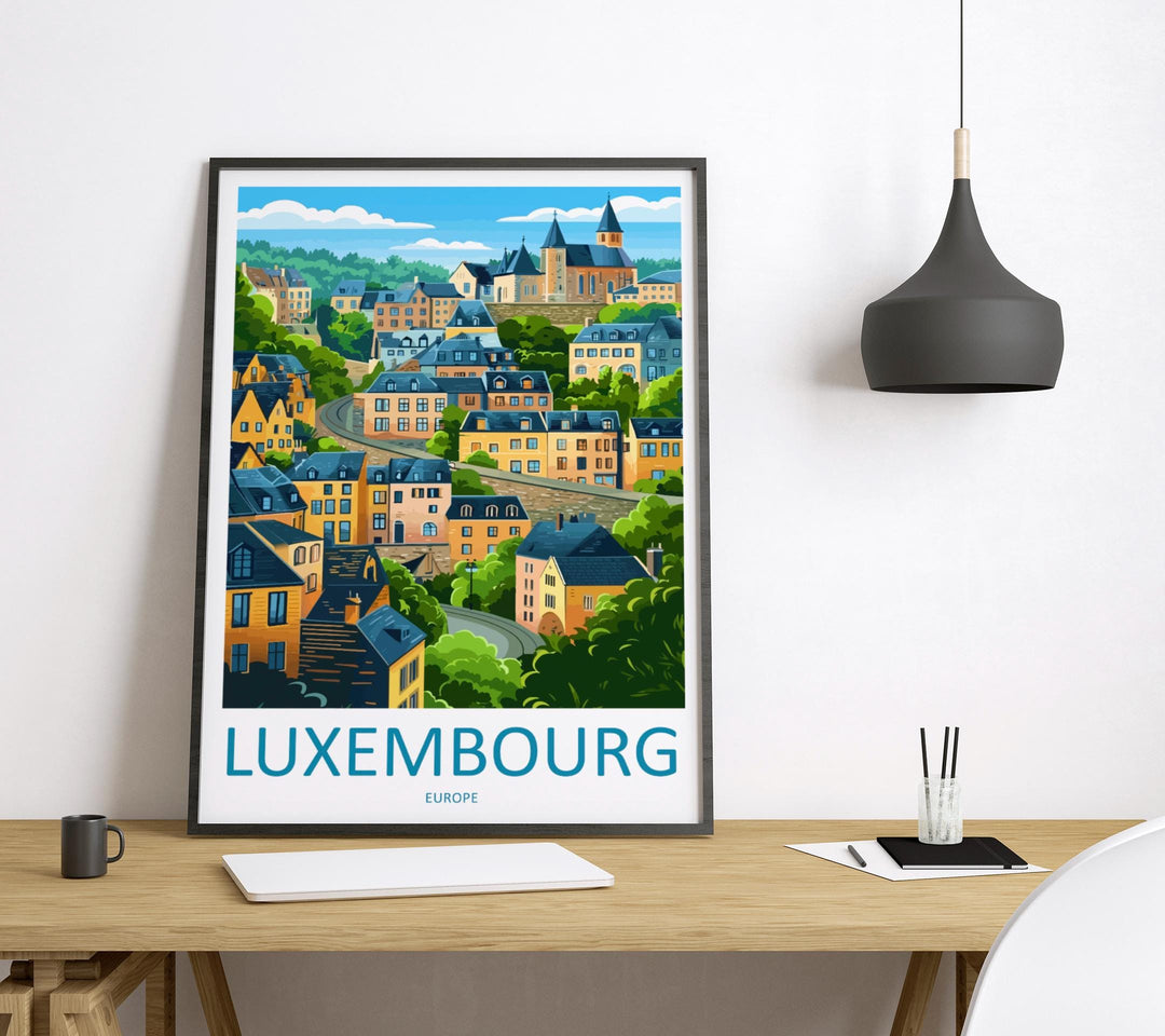 Luxembourg City Travel Poster Scenic Old Town Cliffs Wall Art Historic Fortifications Print Europe Decor Beautiful Luxembourg Artwork