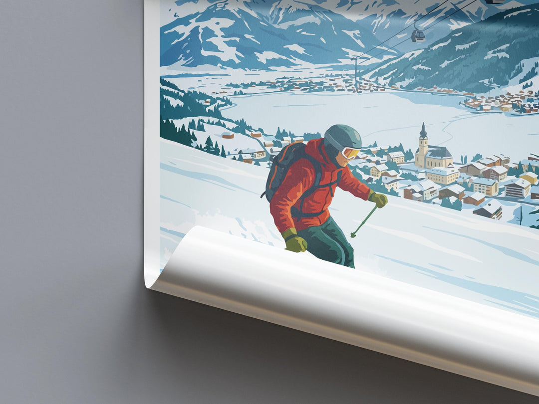 Zell am See Austria Ski Print Travel Poster Alpine Lake Town Wall Art Scenic Alps Europe Decor Zell am See Artwork