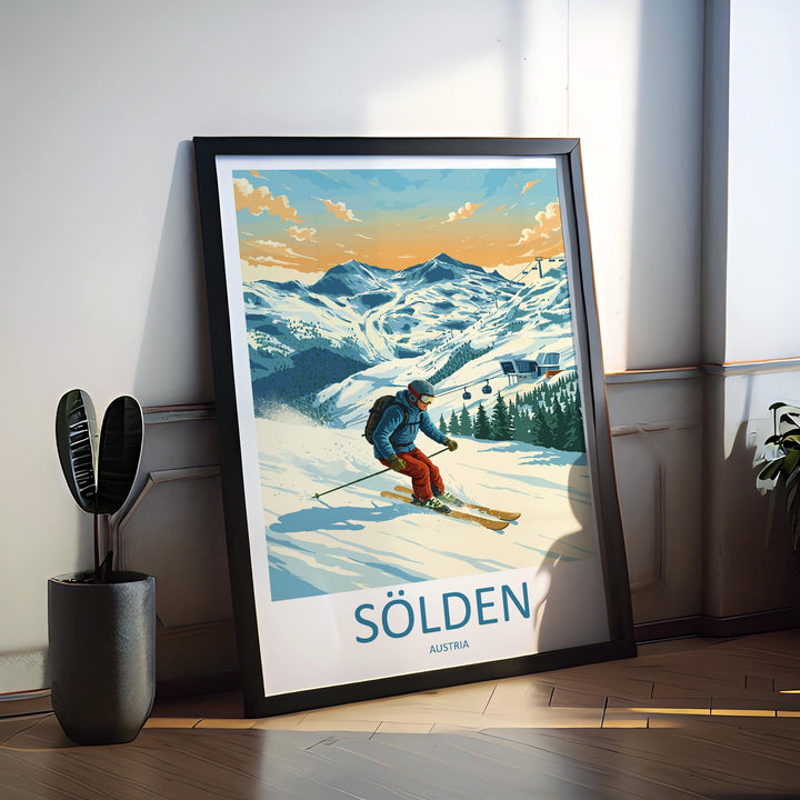 Sölden Austria Ski Print Travel Poster Alpine Resort Wall Art Glacier Ski Area Europe Decor Sölden Artwork