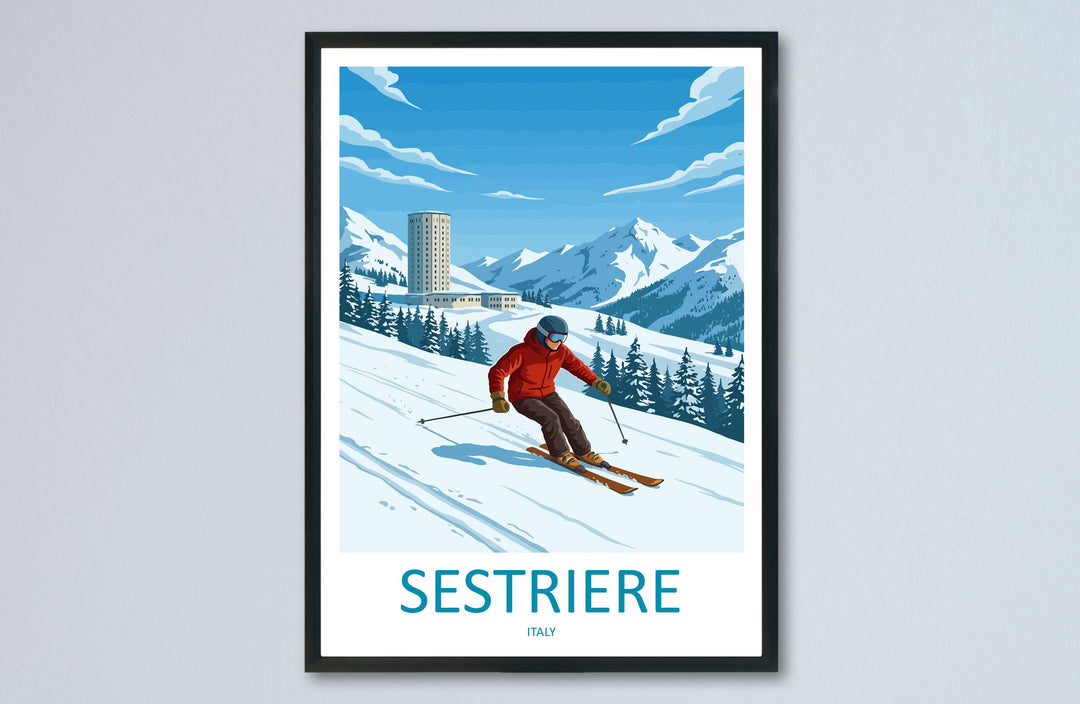 Sestriere Italy Ski Print Travel Poster Alpine Resort Wall Art Italian Alps Ski Village Winter Sports Europe Decor Artwork