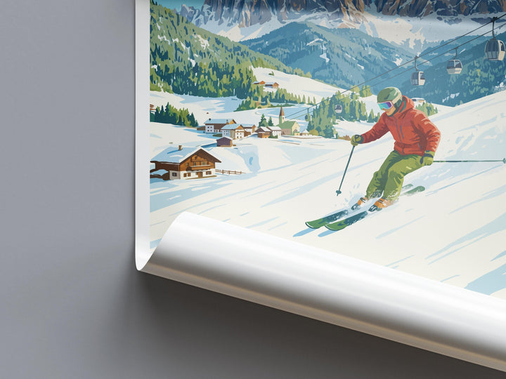 Selva di Val Gardena Italy Ski Print Travel Poster Dolomites Alpine Resort Wall Art Mountain Village Europe Decor Artwork