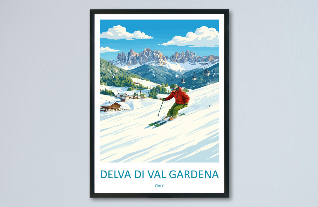 Selva di Val Gardena Italy Ski Print Travel Poster Dolomites Alpine Resort Wall Art Mountain Village Europe Decor Artwork