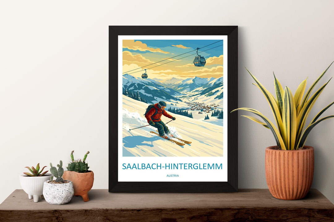Saalbach Hinterglemm Austria Ski Print Travel Poster Alpine Resort Wall Art Famous Ski Area Winter Sports Europe Decor Artwork