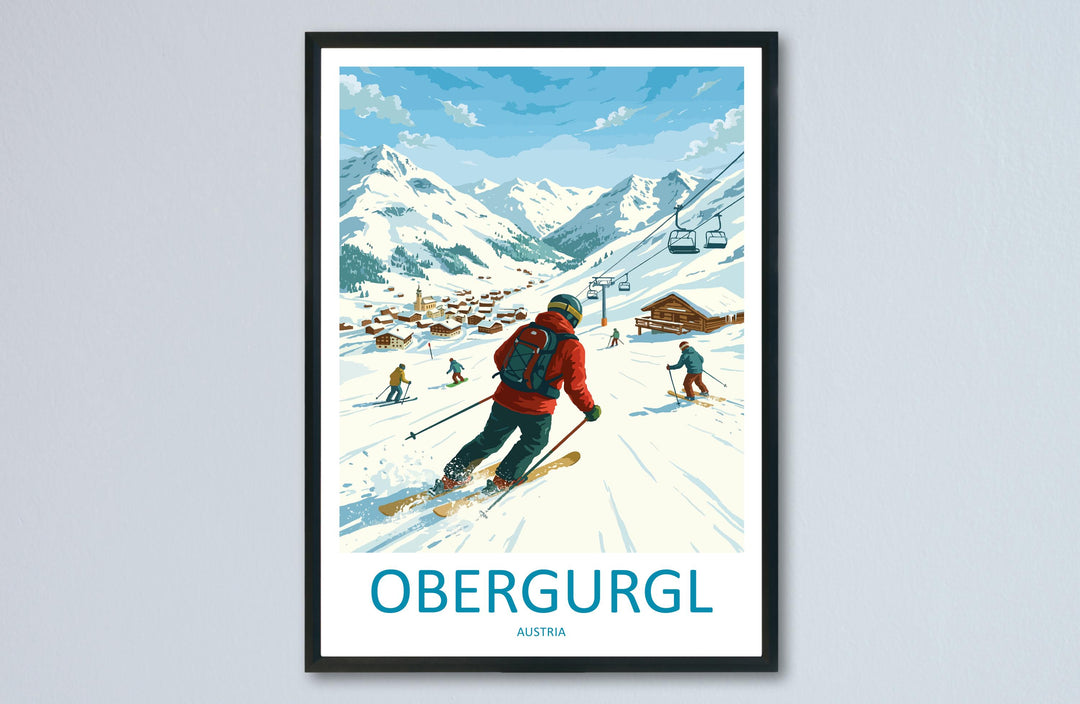 Obergurgl Austria Ski Print Travel Poster High Alpine Resort Wall Art Snow Sure Ski Village Europe Decor Artwork
