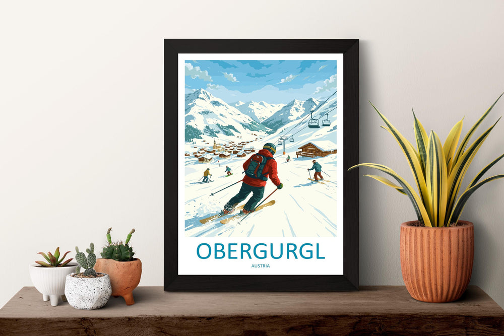 Obergurgl Austria Ski Print Travel Poster High Alpine Resort Wall Art Snow Sure Ski Village Europe Decor Artwork