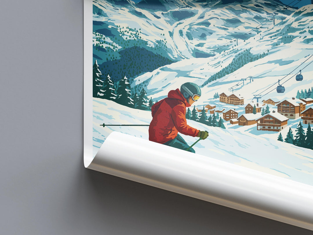 Meribel France Ski Print Travel Poster Alpine Resort Wall Art Three Valleys Ski Village Winter Sports Europe Decor Artwork