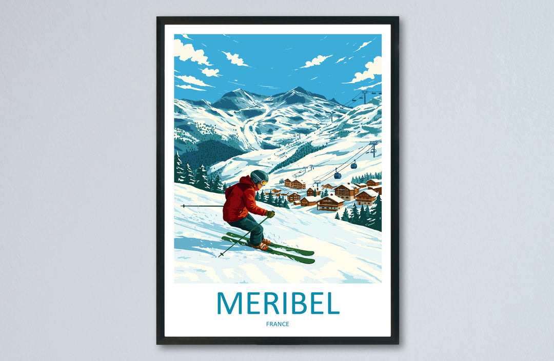 Meribel France Ski Print Travel Poster Alpine Resort Wall Art Three Valleys Ski Village Winter Sports Europe Decor Artwork
