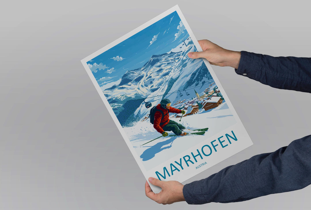 Mayrhofen Austria Ski Print Travel Poster Alpine Resort Wall Art Zillertal Valley Ski Village Winter Sports Europe Decor Artwork