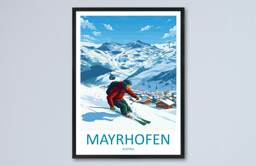 Mayrhofen Austria Ski Print Travel Poster Alpine Resort Wall Art Zillertal Valley Ski Village Winter Sports Europe Decor Artwork