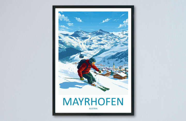 Mayrhofen Austria Ski Print Travel Poster Alpine Resort Wall Art Zillertal Valley Ski Village Winter Sports Europe Decor Artwork
