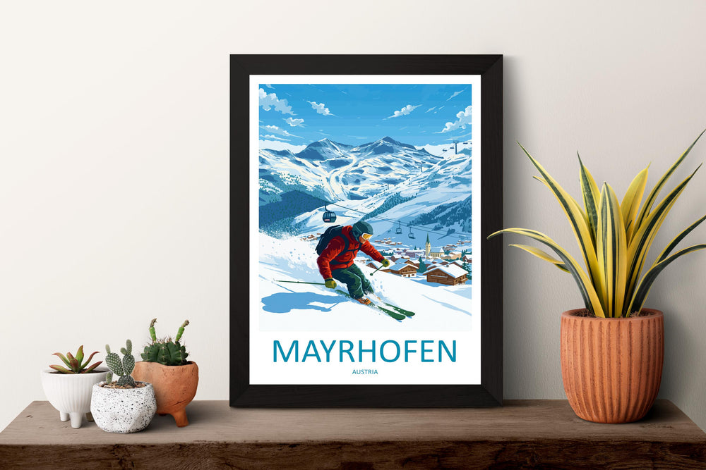 Mayrhofen Austria Ski Print Travel Poster Alpine Resort Wall Art Zillertal Valley Ski Village Winter Sports Europe Decor Artwork