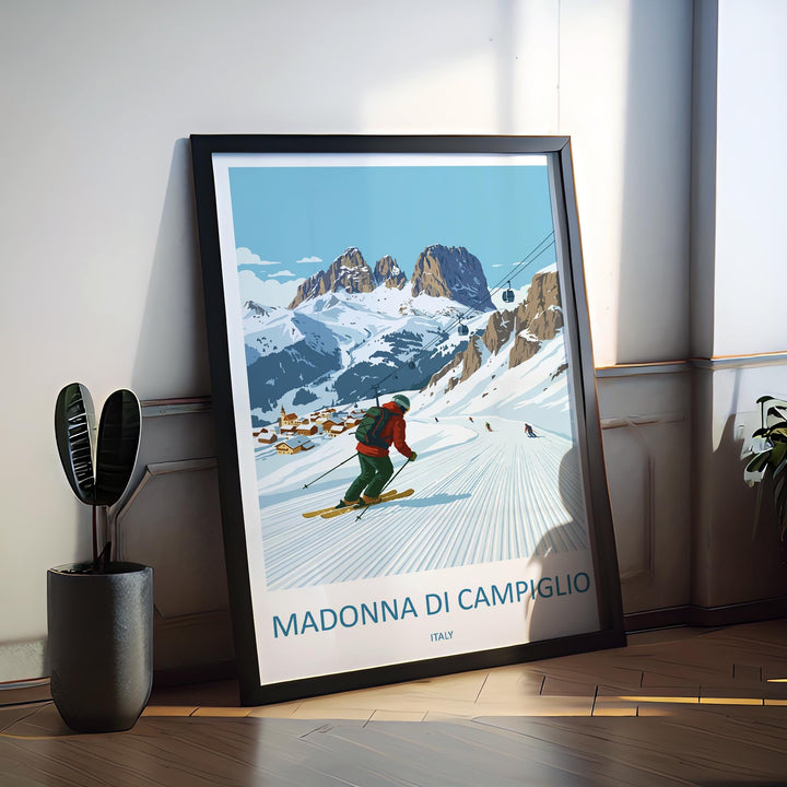 Madonna di Campiglio Italy Ski Print Travel Poster Alpine Resort Wall Art Dolomites Ski Village Winter Sports Europe Decor Artwork