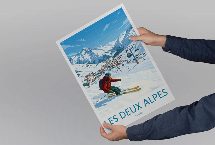 Les Deux Alpes France Ski Print Travel Poster High Alpine Resort Wall Art Glacier Ski Area Winter Sports Europe Decor Artwork