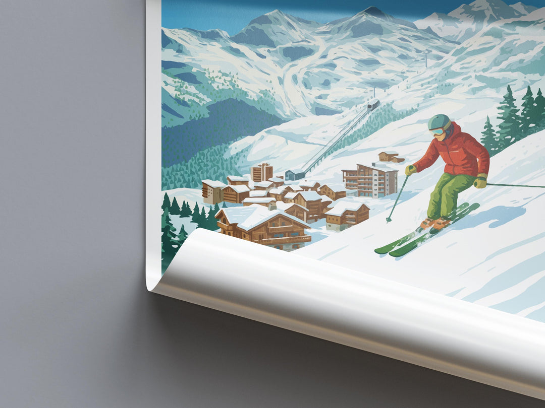 Les Arcs France Ski Print Travel Poster Alpine Resort Wall Art Paradiski Ski Area Mountain Village Winter Sports Europe Decor Artwork