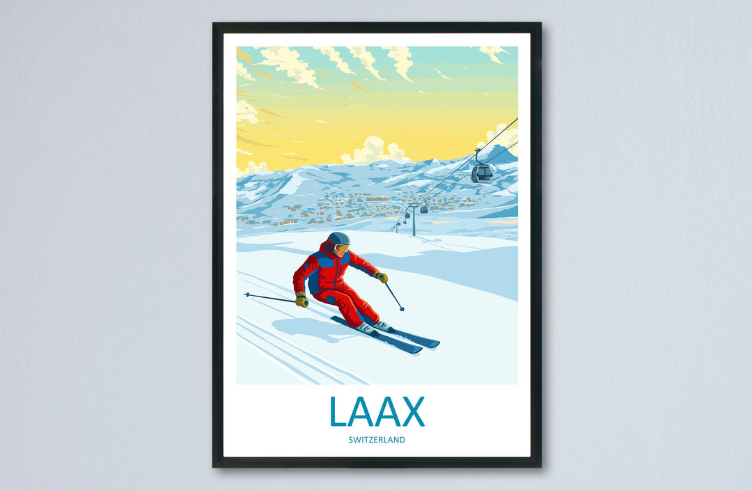 Laax Switzerland Ski Print Travel Poster Alpine Resort Wall Art Freestyle Ski Area Mountain Village Winter Sports Europe Decor Artwork