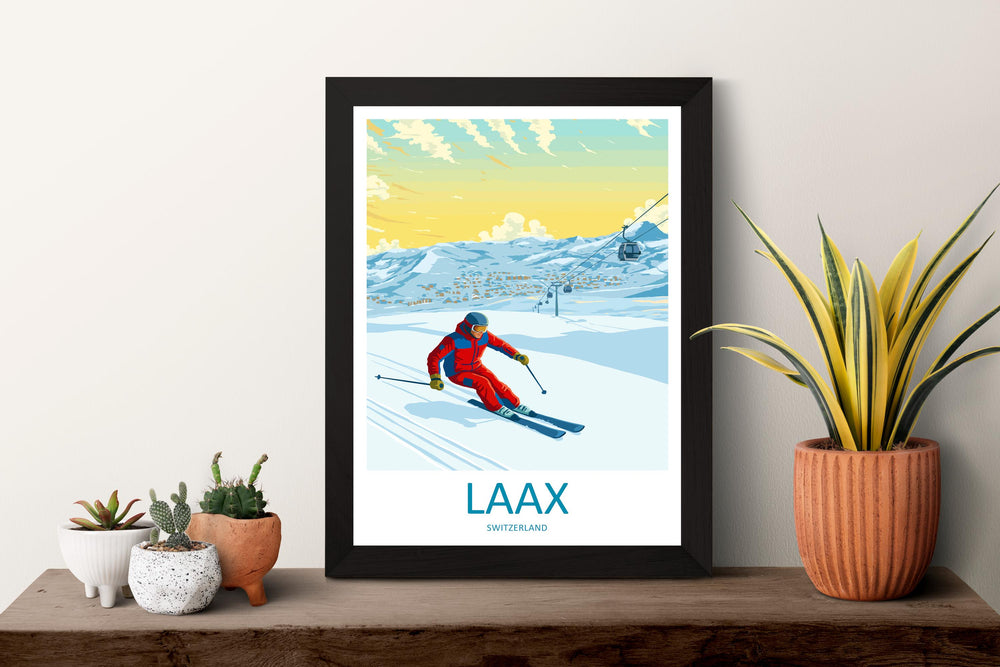 Laax Switzerland Ski Print Travel Poster Alpine Resort Wall Art Freestyle Ski Area Mountain Village Winter Sports Europe Decor Artwork