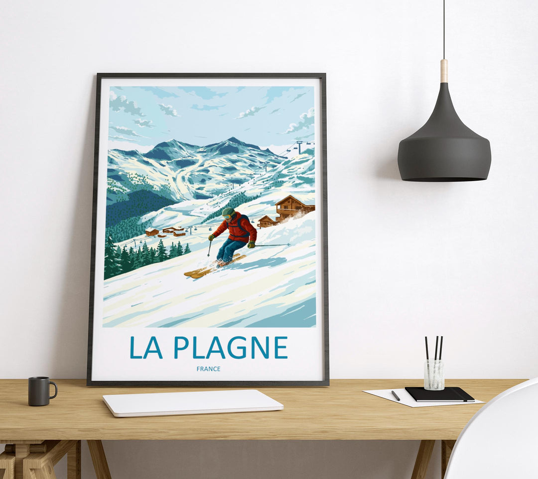 La Plagne France Ski Print Travel Poster Alpine Resort Wall Art Paradiski Ski Area Mountain Village Winter Sports Europe Decor Artwork