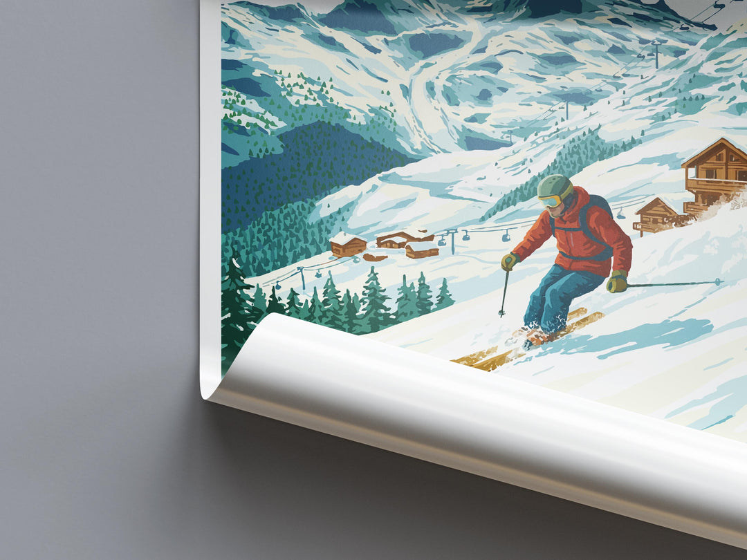 La Plagne France Ski Print Travel Poster Alpine Resort Wall Art Paradiski Ski Area Mountain Village Winter Sports Europe Decor Artwork