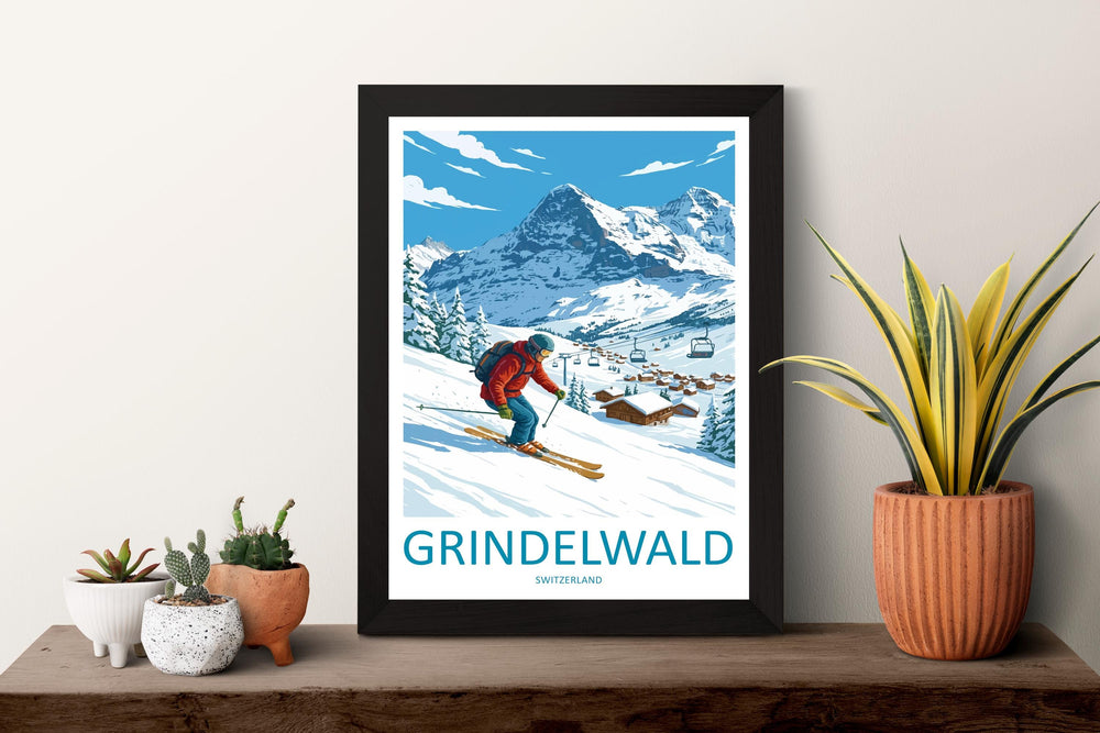 Grindelwald Switzerland Ski Print Travel Poster Alpine Village Wall Art Bernese Alps Ski Resort Winter Sports Europe Decor Artwork