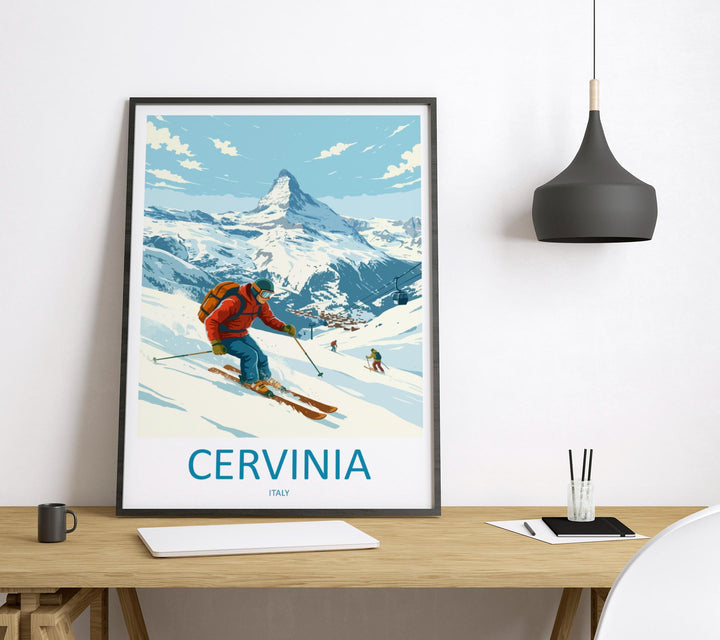 Cervinia Italy Ski Print Travel Poster Alpine Resort Wall Art Matterhorn Ski Village Winter Sports Europe Decor Artwork