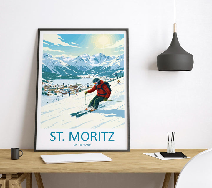 St Moritz Switzerland Ski Print Travel Poster Luxury Alpine Resort Wall Art Swiss Alps Ski Village Europe Decor Artwork