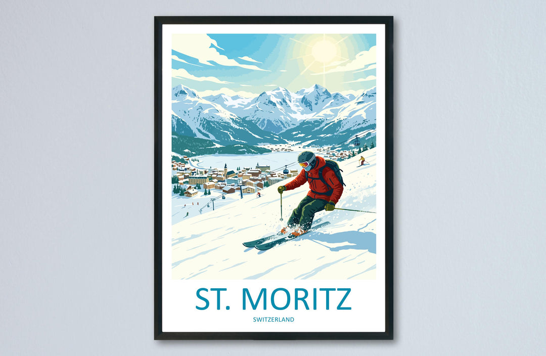 St Moritz Switzerland Ski Print Travel Poster Luxury Alpine Resort Wall Art Swiss Alps Ski Village Europe Decor Artwork