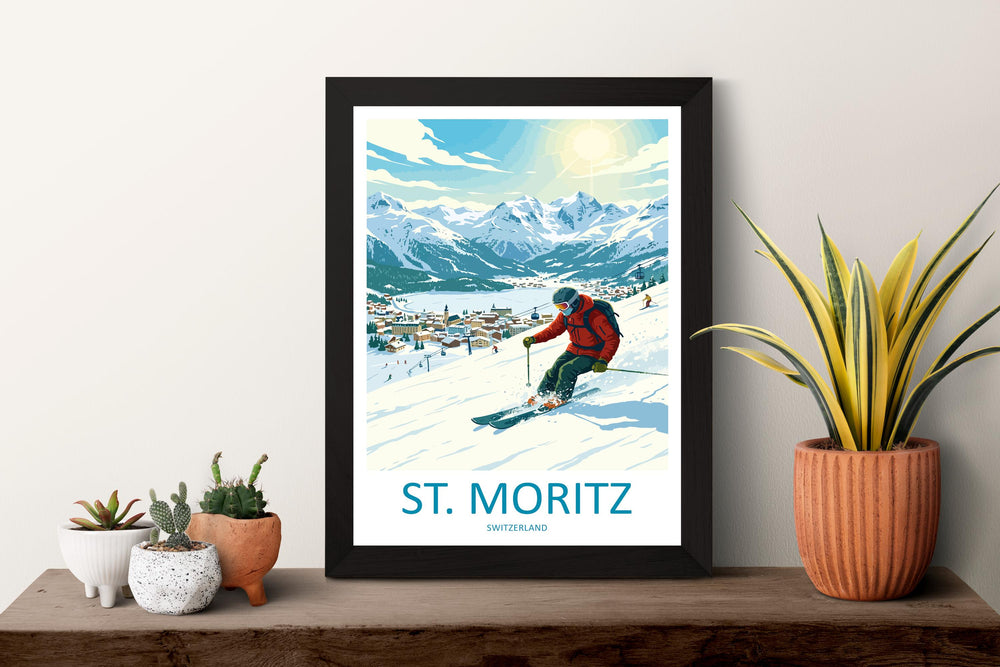 St Moritz Switzerland Ski Print Travel Poster Luxury Alpine Resort Wall Art Swiss Alps Ski Village Europe Decor Artwork