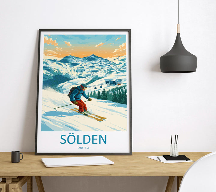 Sölden Austria Ski Print Travel Poster Alpine Resort Wall Art Glacier Ski Area Europe Decor Sölden Artwork