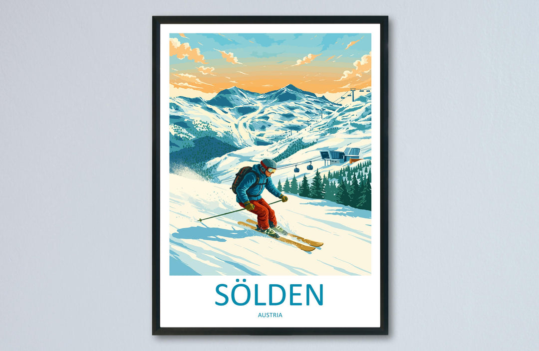 Sölden Austria Ski Print Travel Poster Alpine Resort Wall Art Glacier Ski Area Europe Decor Sölden Artwork