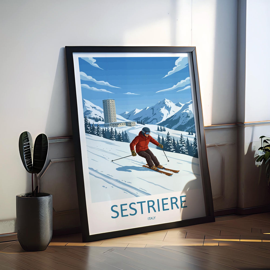 Sestriere Italy Ski Print Travel Poster Alpine Resort Wall Art Italian Alps Ski Village Winter Sports Europe Decor Artwork
