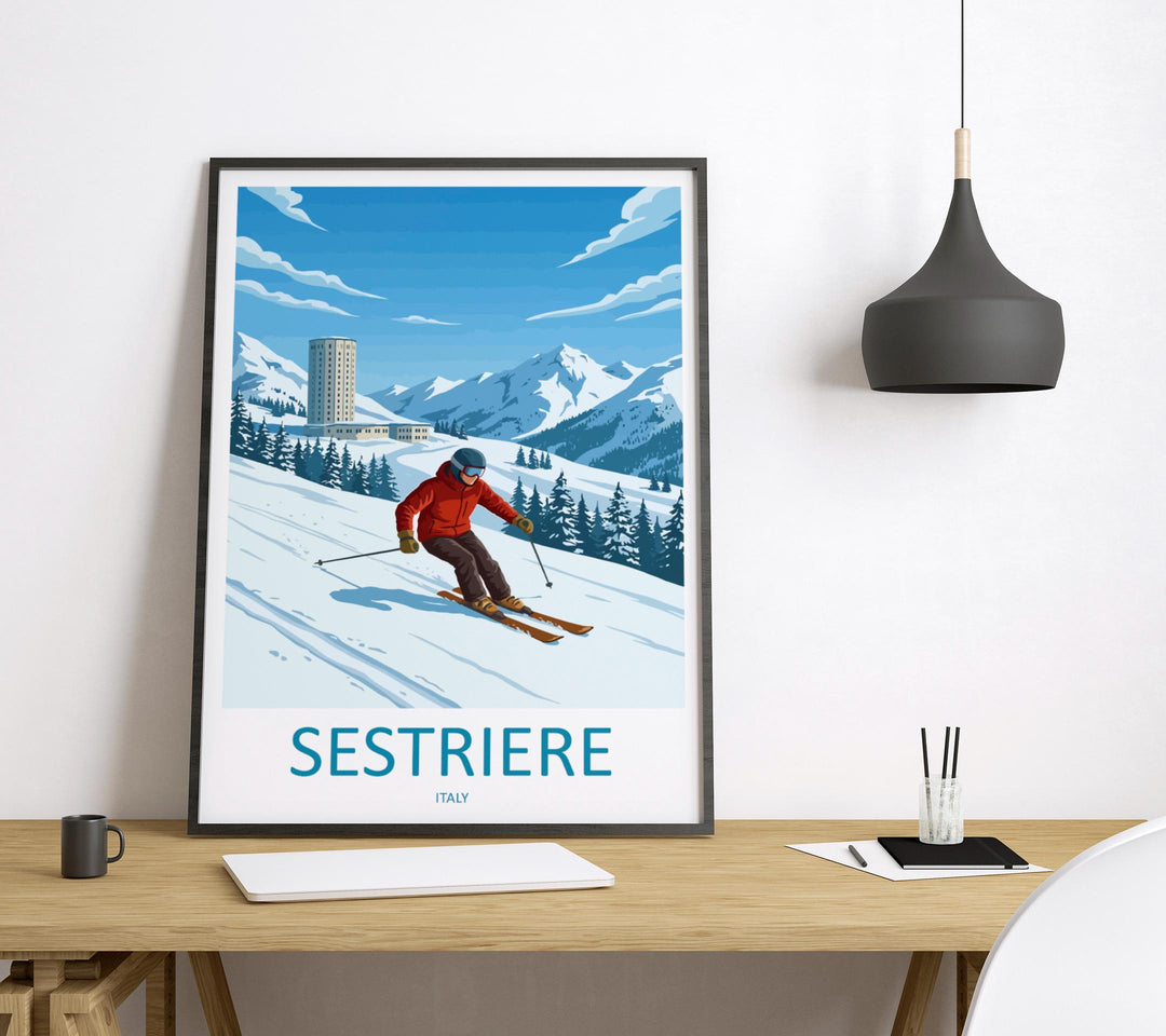 Sestriere Italy Ski Print Travel Poster Alpine Resort Wall Art Italian Alps Ski Village Winter Sports Europe Decor Artwork