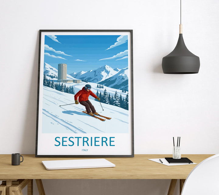 Sestriere Italy Ski Print Travel Poster Alpine Resort Wall Art Italian Alps Ski Village Winter Sports Europe Decor Artwork