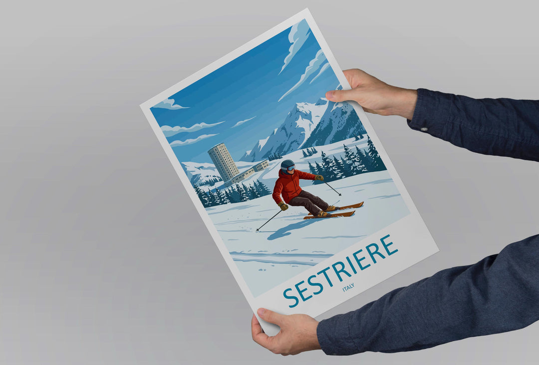 Sestriere Italy Ski Print Travel Poster Alpine Resort Wall Art Italian Alps Ski Village Winter Sports Europe Decor Artwork