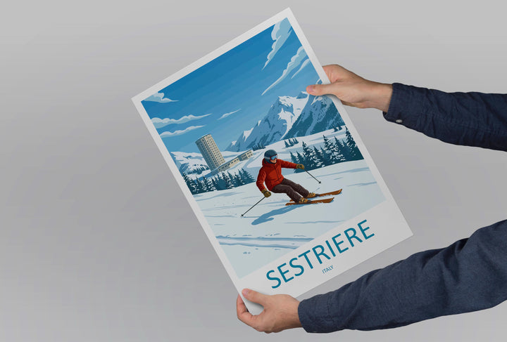 Sestriere Italy Ski Print Travel Poster Alpine Resort Wall Art Italian Alps Ski Village Winter Sports Europe Decor Artwork