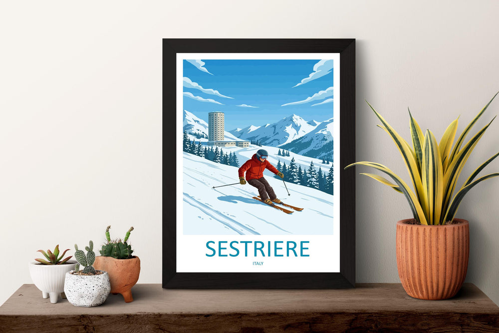 Sestriere Italy Ski Print Travel Poster Alpine Resort Wall Art Italian Alps Ski Village Winter Sports Europe Decor Artwork
