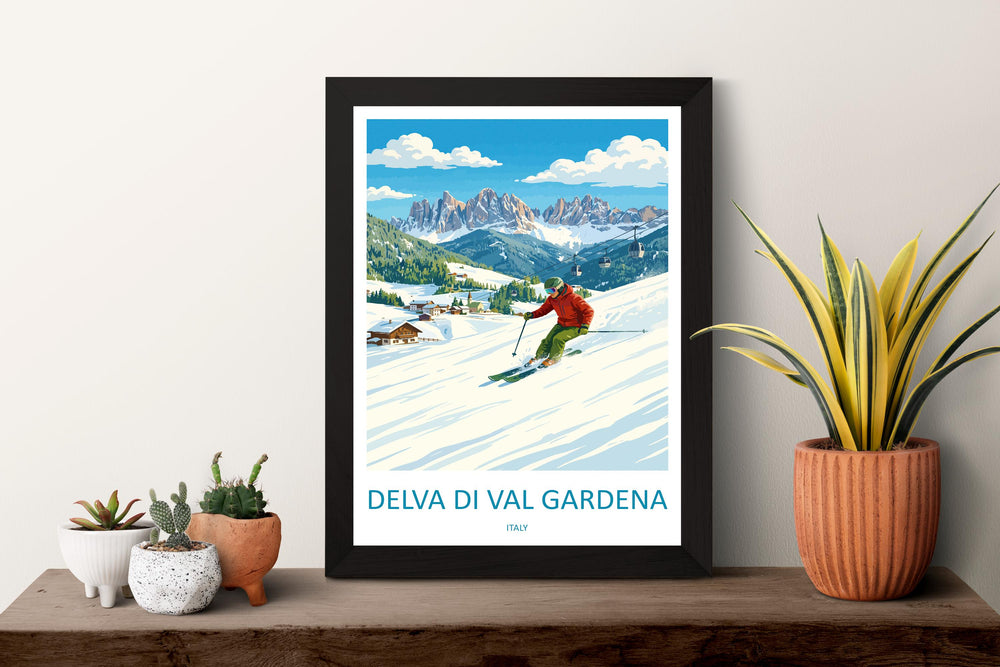 Selva di Val Gardena Italy Ski Print Travel Poster Dolomites Alpine Resort Wall Art Mountain Village Europe Decor Artwork