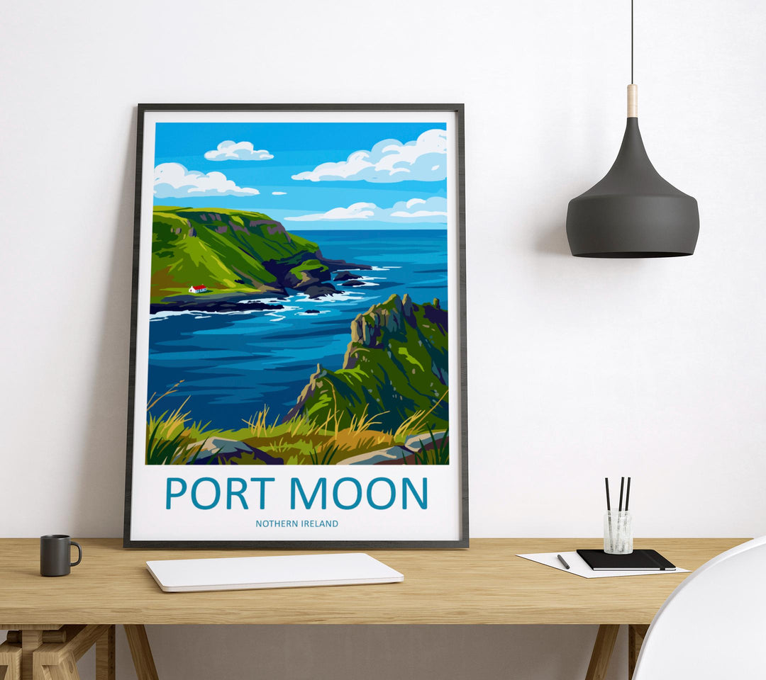 Port Moon Northern Ireland Travel Poster Coastal Cliffs Wall Art Scenic Antrim Coast Print Europe Decor Artwork
