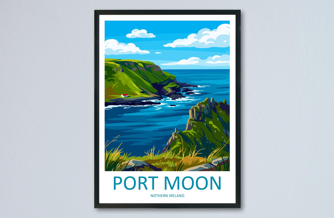 Port Moon Northern Ireland Travel Poster Coastal Cliffs Wall Art Scenic Antrim Coast Print Europe Decor Artwork