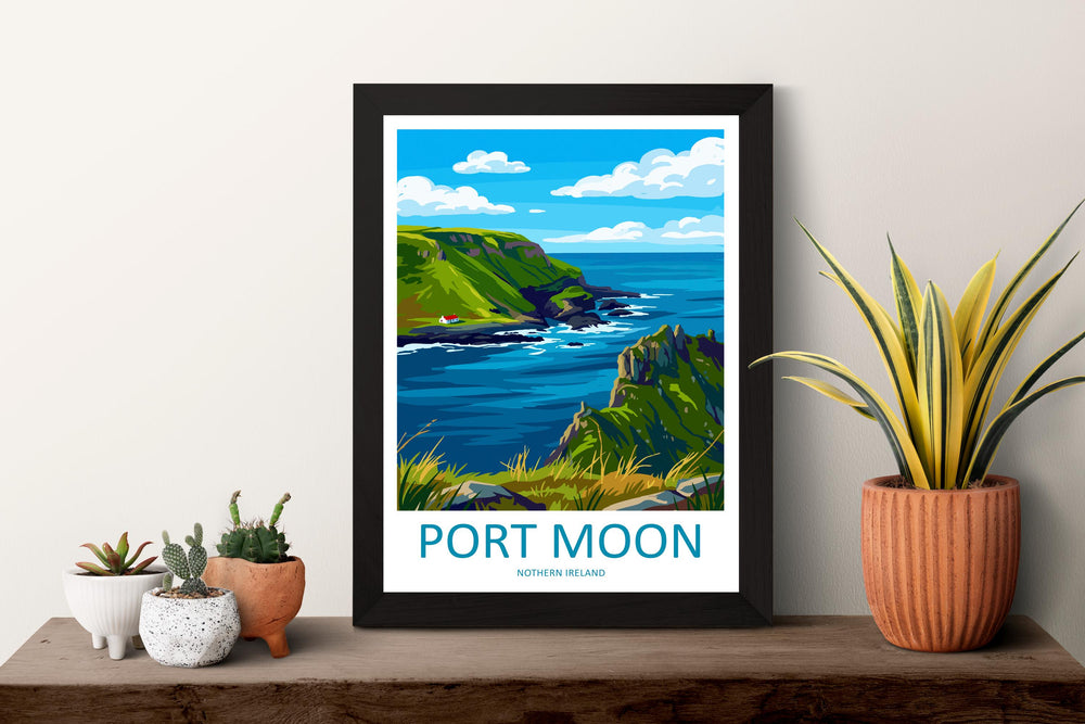 Port Moon Northern Ireland Travel Poster Coastal Cliffs Wall Art Scenic Antrim Coast Print Europe Decor Artwork